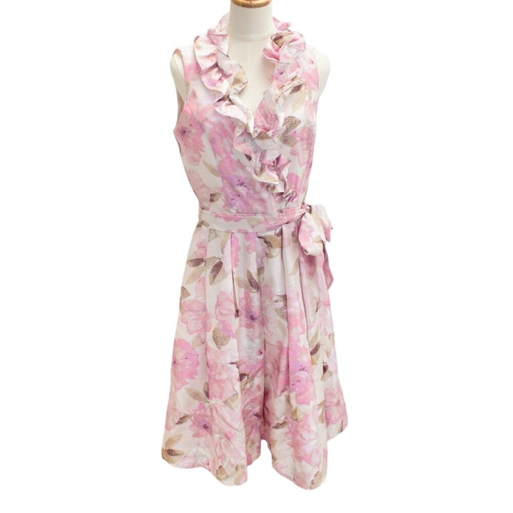Jessica Howard Party Dress sz 8 Fit Flair Faux Wrap Pink Floral Ruffles MOB MOG